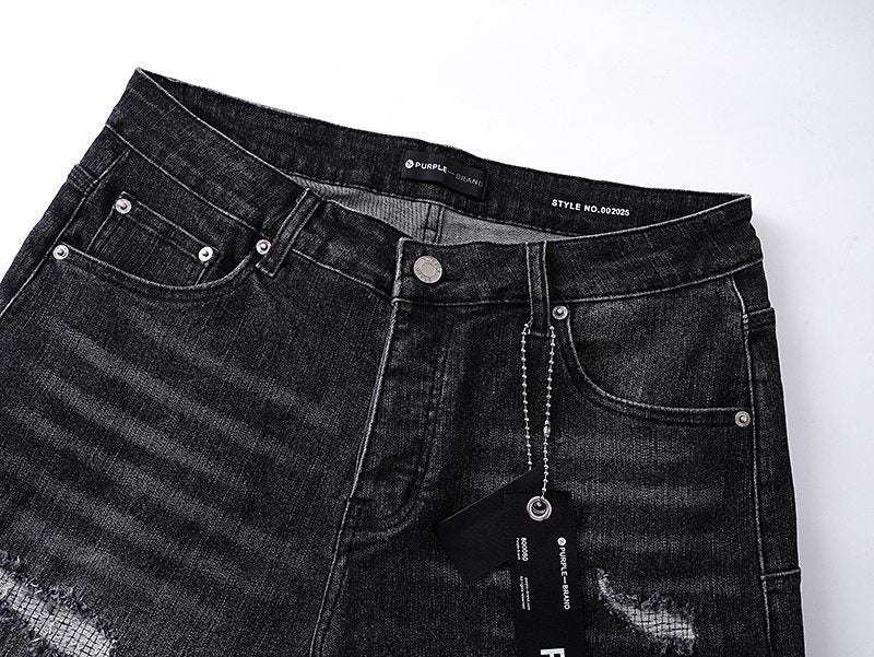 Purple Brand Washed Black Distressed Denim Shorts — detail