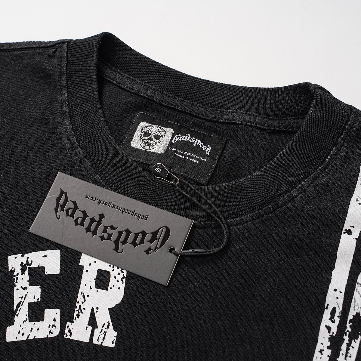 Godspeed Washed Black Distressed Graphic T-Shirt — neck_label