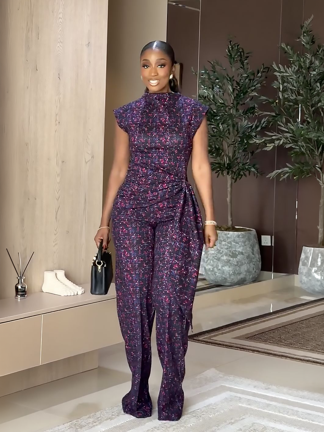 Purple Mosaic Print Wrap Waist Pants Set